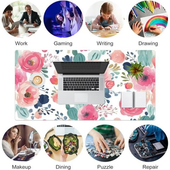 Large Pink Floral Desk Mat Mouse Pad Waterproof PU Leather Computer Desk Cover - Picture 6 of 8